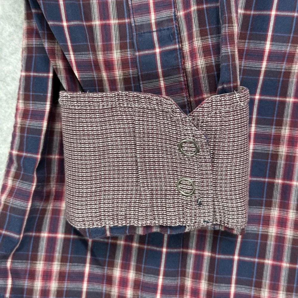 Banana Republic Mens Slim Fit Western Plaid Snap Front Shirt Navy Burgundy Large